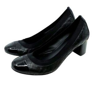 TORY BURCH~Carrie~QUILTED BLACK LEATHER CAP TOE PUMPS SHOES GOLD LOGO 10